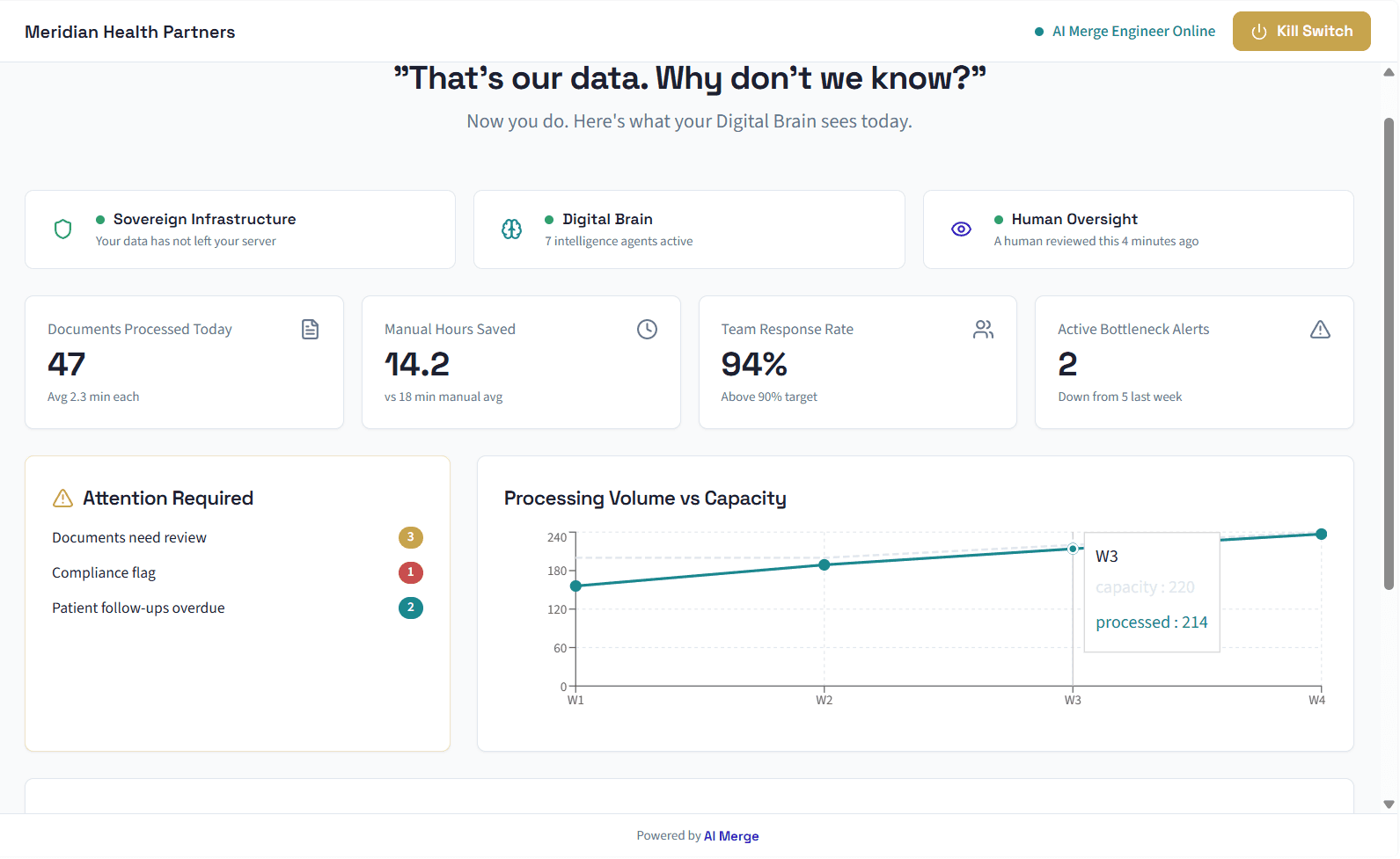 A private operations dashboard showing active bottleneck alerts, manual hours saved, team response rate, and processing volume versus capacity.